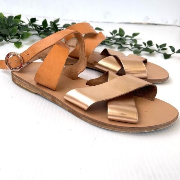 KYMA PATMOS CROSS ANKLE STRAP FLAT SANDAL GOLD/TAN LEATHER 7 - Picture 2 of 11